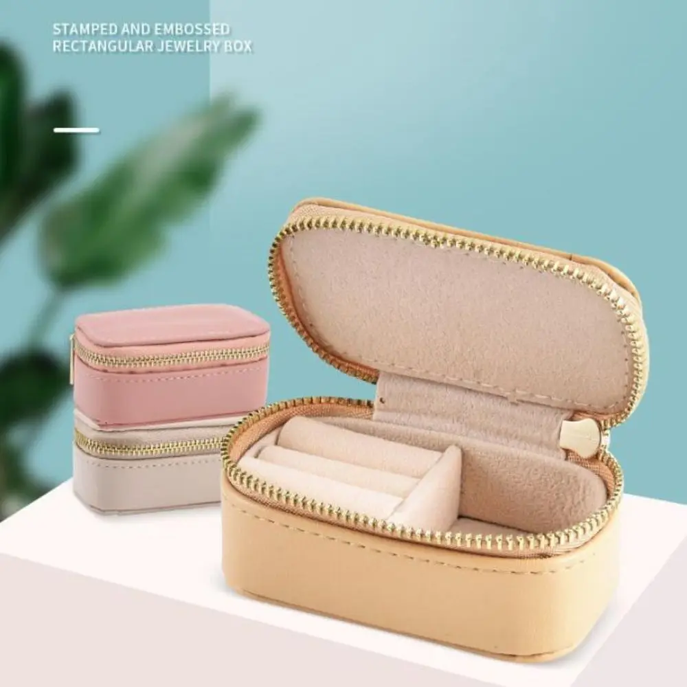Vintage Mini Portable Jewelry Box Square Zipper Necklace Ring Case Jewelry Display Case PU Leather Earring Organizer Women