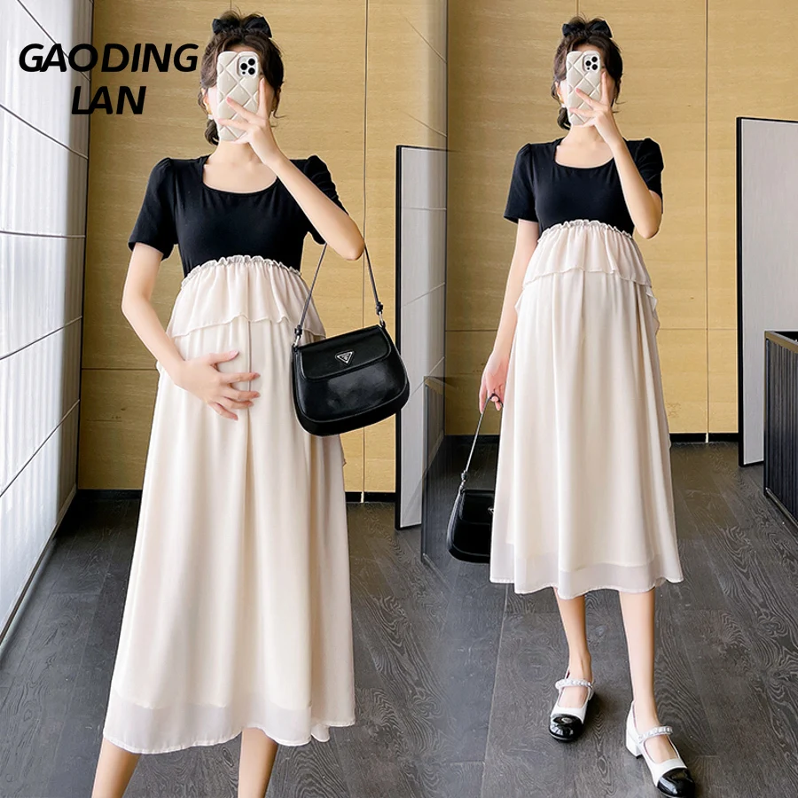 

GAODINGLAN Korean Fashion Short Sleeve Round Neck Pregnant Women Dresses Summer Large Size Loose Splicing Chiffon Dress Elegant