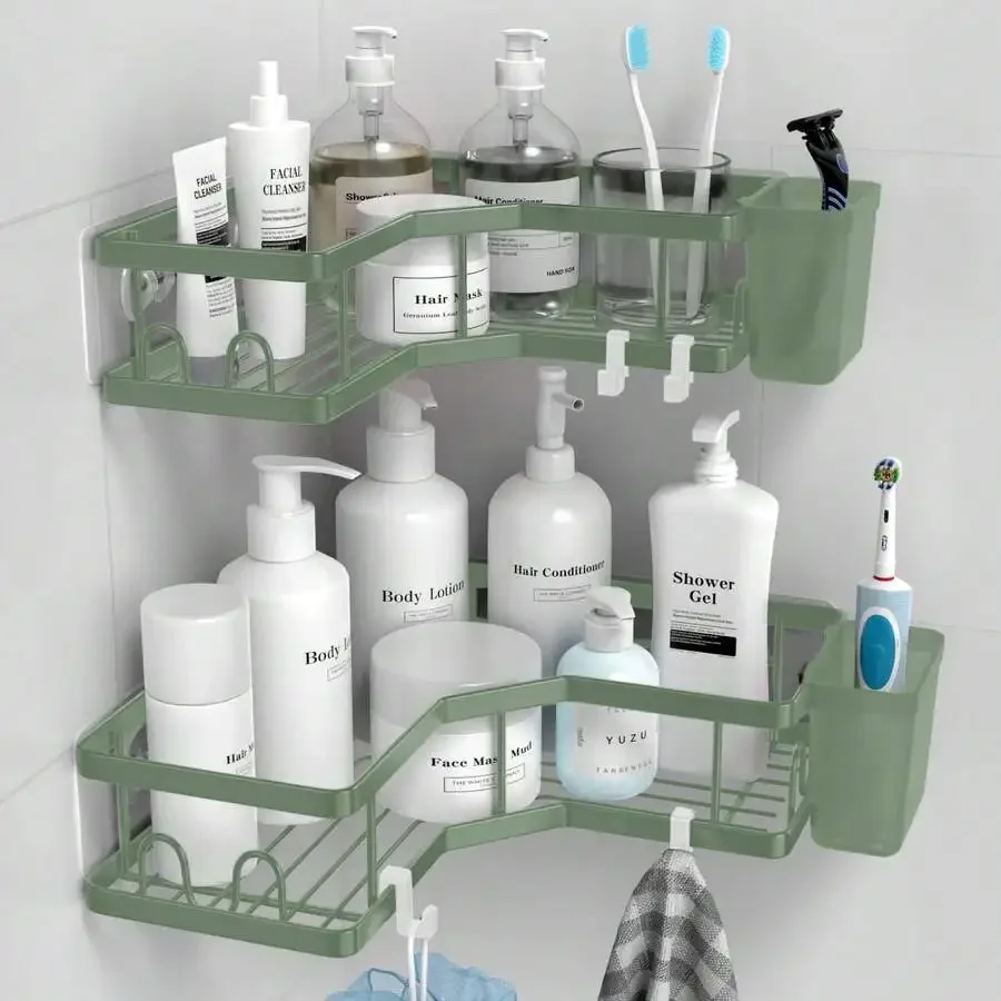 Corner Shower Caddy, 2 Packs Adhesive Shower Corner Organizer Shelves, No Drilling Stainless Steel Shower Storage Rack With Hook
