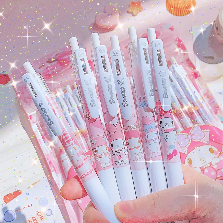 6pcs 0.55mm Sanrio Hello Kitty Cinnamoroll Kuromi Melody Gel Pen Cartoon Cute Press Pen Black Refill School Stationery Supplies