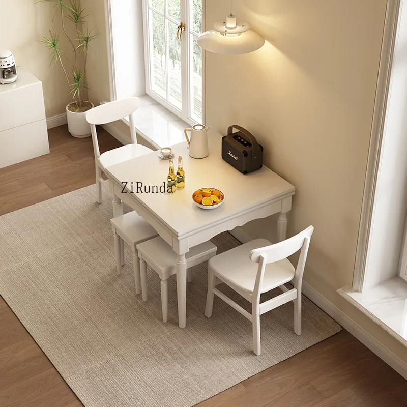 طاولة طعام مربعة قابلة للطي من الخشب الصلب على طراز العصور الوسطى وكرسي مزيج حديث وبسيط منزلي على الطراز الكريمي الشمالي #4