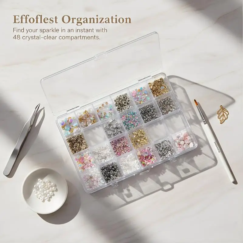 48 Grid Clear Divided Storage Box, Mini Jewelry Organizer Case for Earrings, Nail Charms Tiny Accessories Display Storage