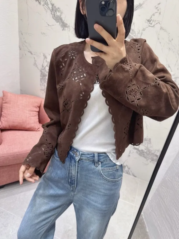 Cappotto corto autunno inverno ricamato femminile scavato Giacca vintage in vera pelle scamosciata slim fit colletto tondo moda donna elegante