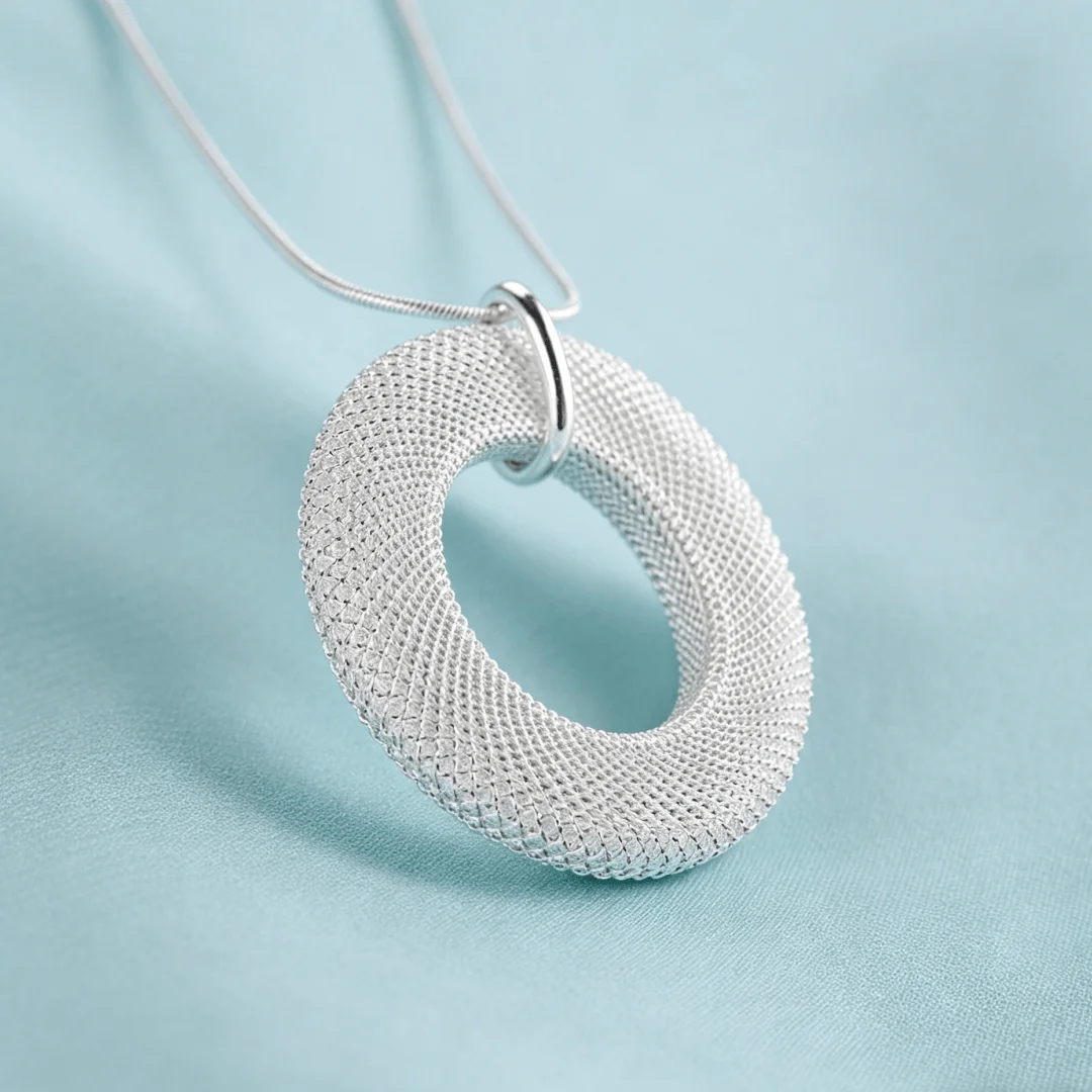

Stunning 925 Sterling Silver Retro Mesh Circle Pendant Necklace for Women Charms High Quality Fashion Jewelry Christmas gifts
