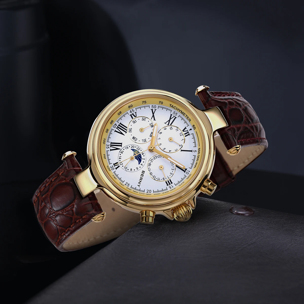 BERNY Retro Automatic Men's Watch Sun&Moon Phase Luminous ST1652 Classic Genuine Leather Luxury Mechanical Men's Dress Watches