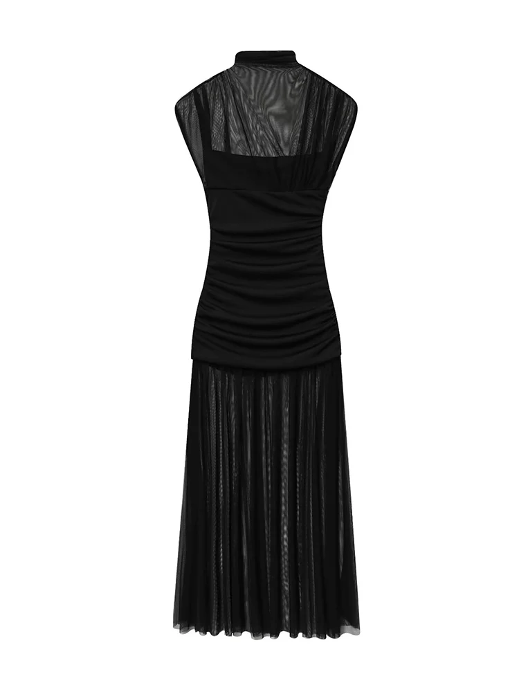 Tfmln moda sem mangas vestidos longos para mulheres temperamento meia gola alta emendado plissado férias festa vestido de noite