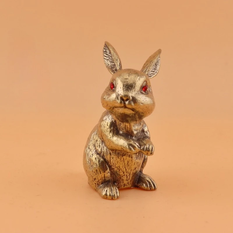 1PC Creative Solid Brass Standing Red-Eye Rabbit Retro Home Decor Office Desk Tea Pet Craft Cute Animal Miniature Small Ornament