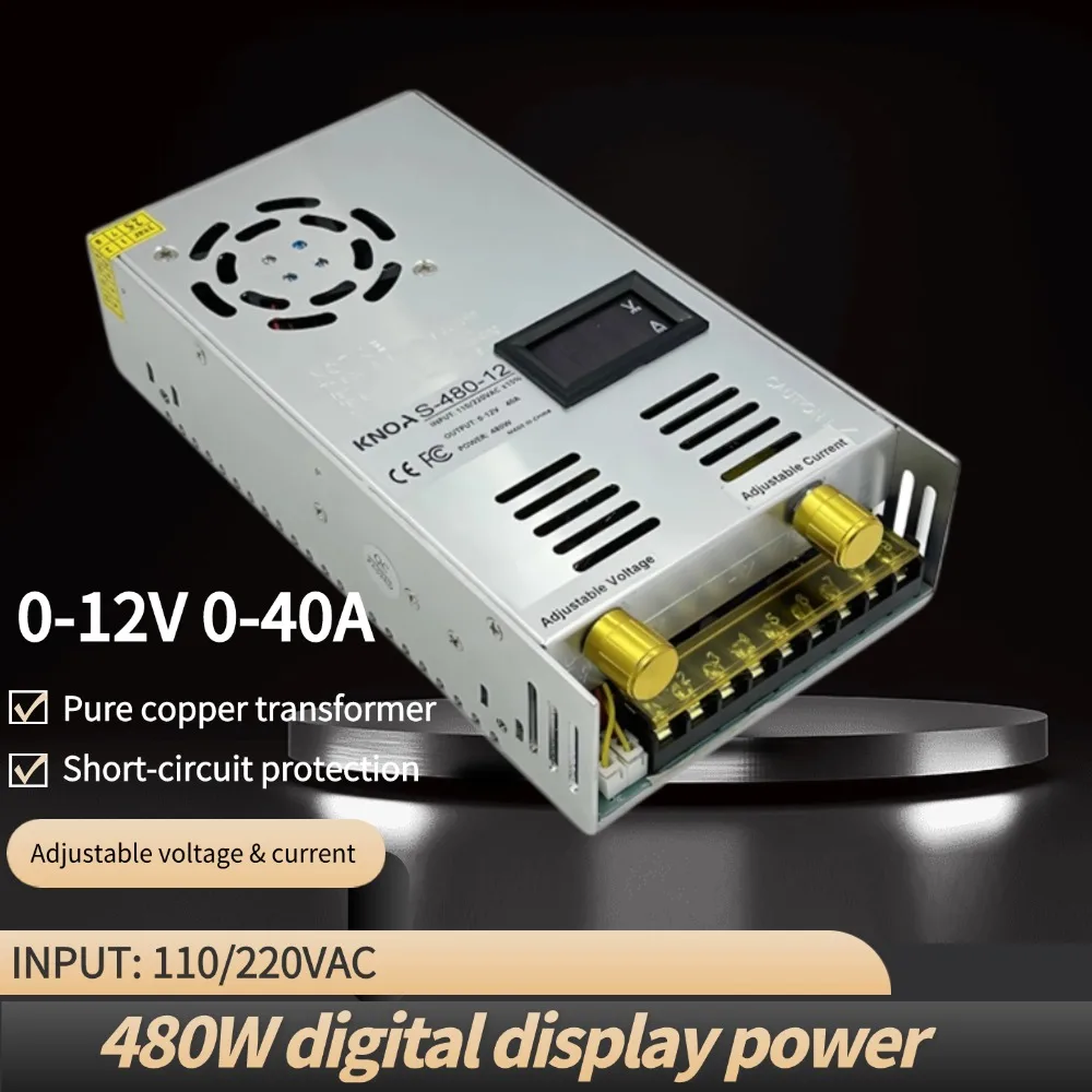DC 0-12V Adjustable Switching Power Supply 12V 40A 480W Digital Display Power Supply 110V 220V AC To DC 12V Power Source