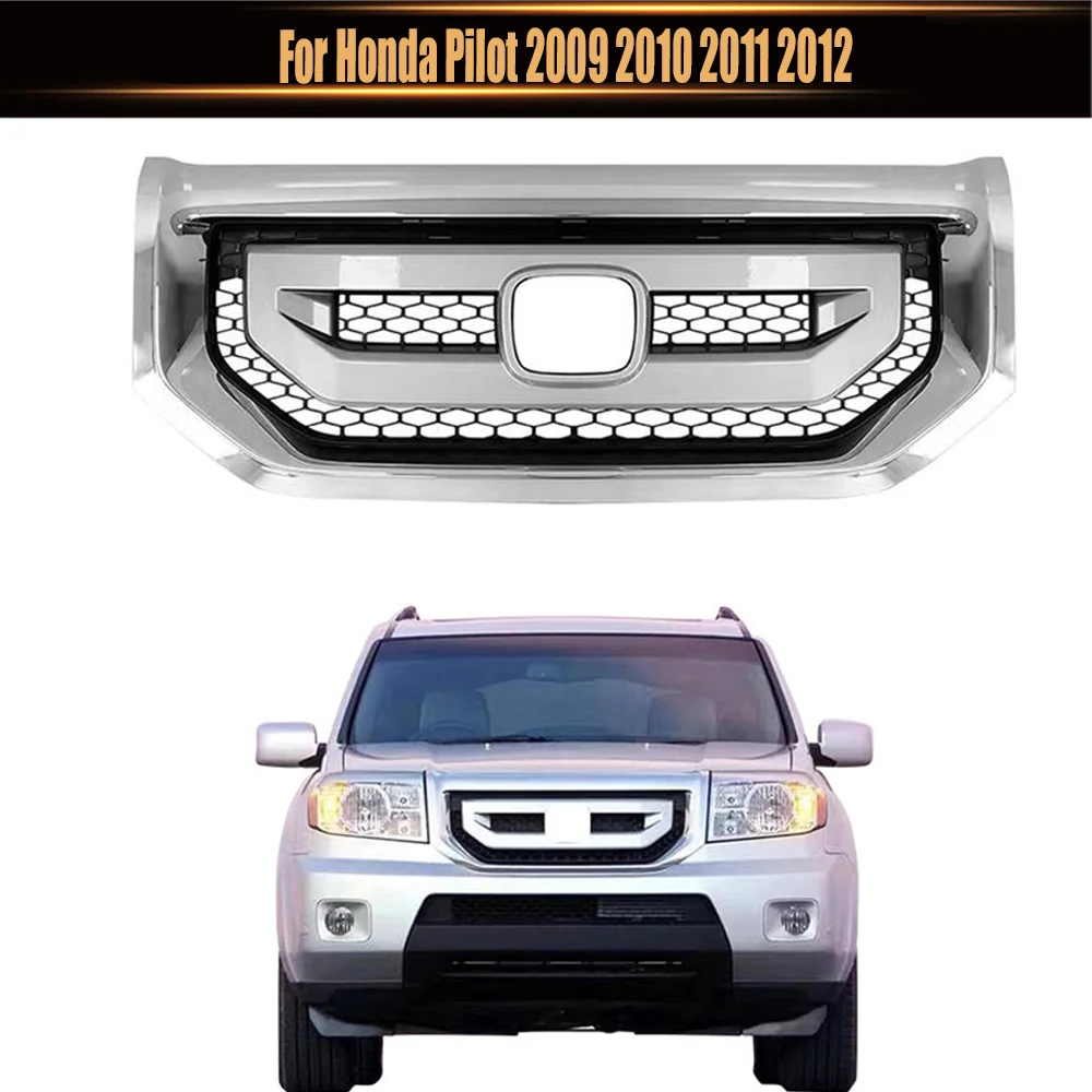 

For Honda Pilot 2009 2010 2011 2012 Bumper Mesh Cover Grills USA Style Sliver Chrome Plastic Car Front Grill Racing Grille Trim