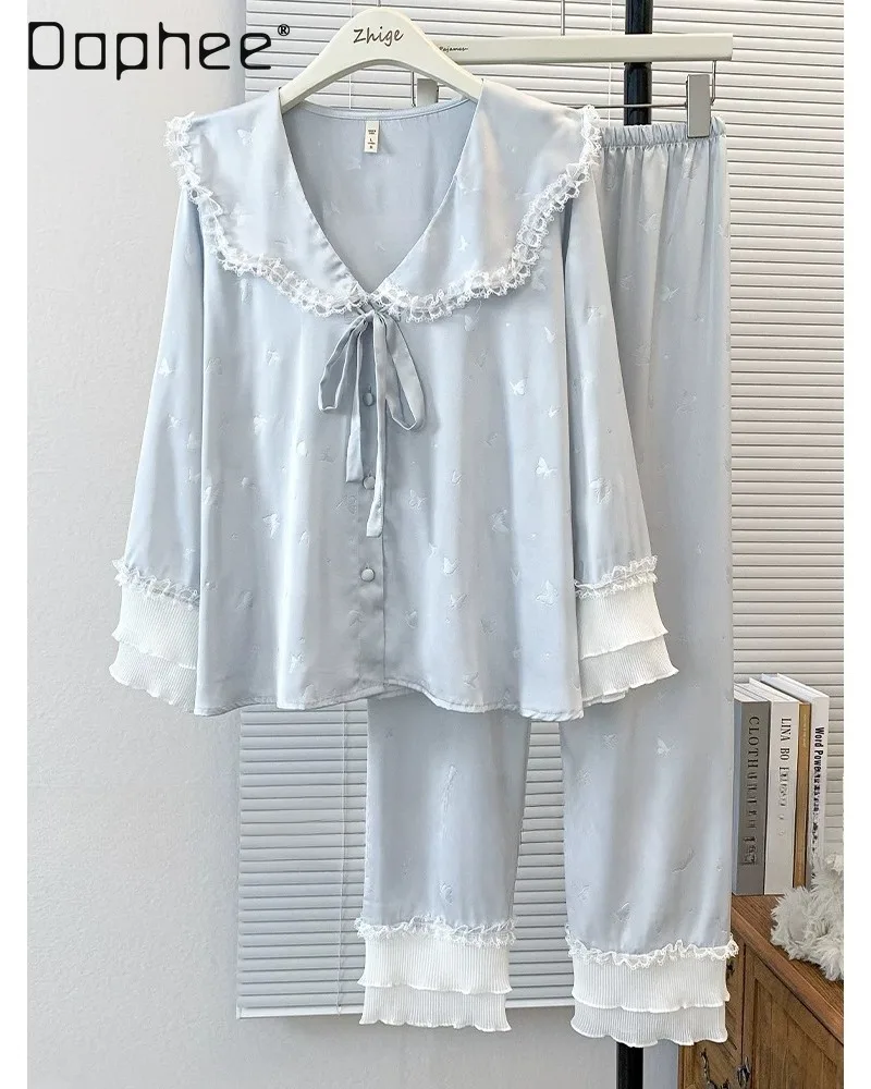 French-style Gentle Girl-style Pajama Set Ruffled Lace V-neck Frilled Hem Long-sleeved Pants Two-piece Set Loose Women Homewear