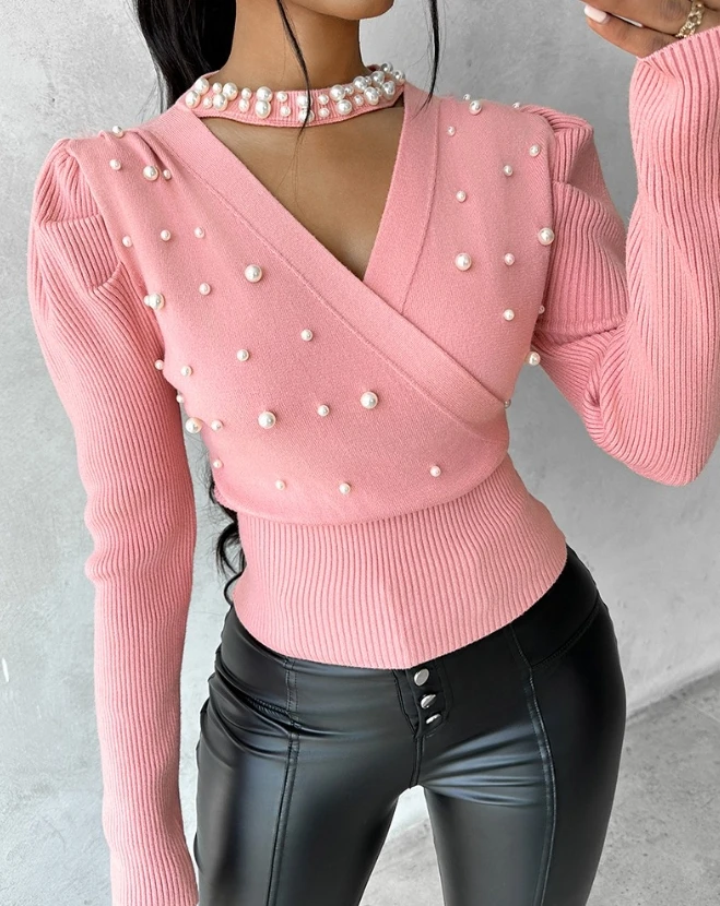 Suéter de manga larga con cuello en V para mujer, y tachuelas Jersey de punto con cuentas, Top de otoño, 2023