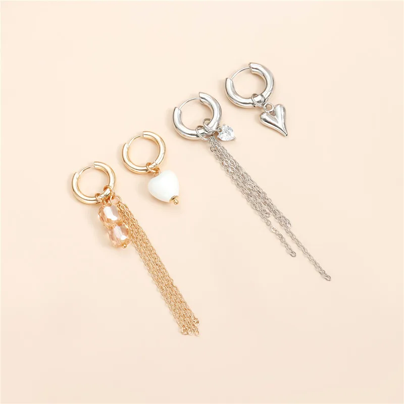 Asymmetry Golden Hoop Earrings with Heart Pendant for Women Wedding Fashion Crystal Tassel Chain Dangle Earring aros mujer oreja