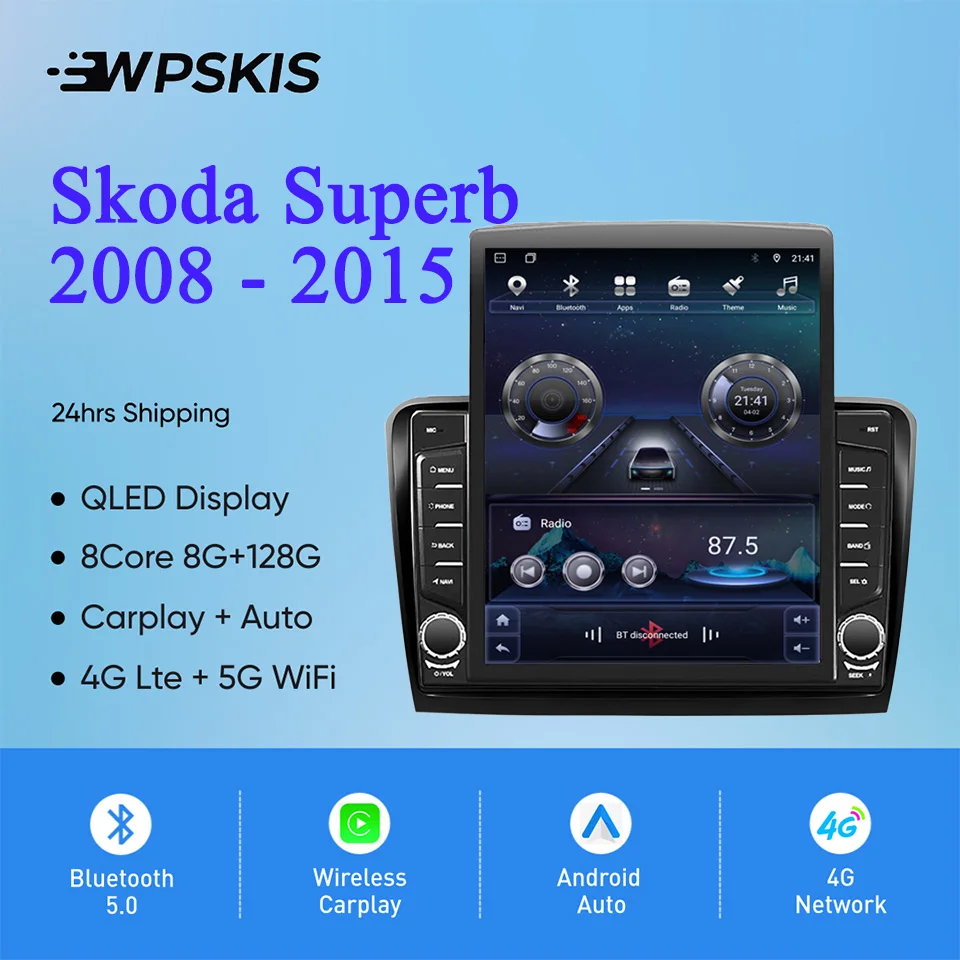 8Core 8G+128G Carplay Auto Car Radio Audio Stereo Tape Recorder HU Head Unit For Skoda Superb 2008 - 2015 GPS Navi DVD Cassette