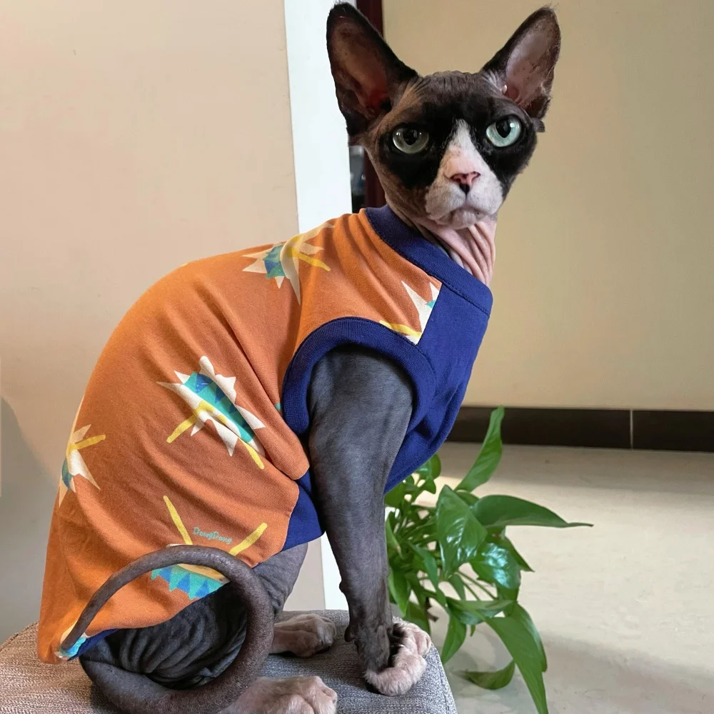 Orange Cotton T-Shirt for Sphiynx Cat in Summer Short Sleeves Cartoon Coat for Kittens Soft High Elasticity Vest for Devon Rex