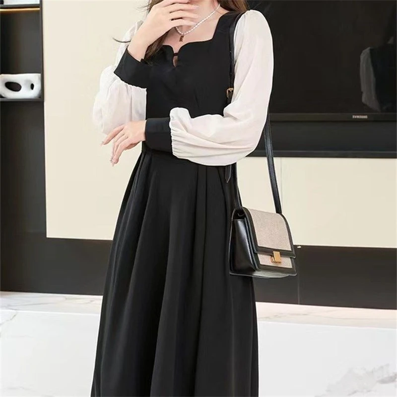 Spring Autumn Women Fashion Elegant Square Neck Party Dresses Female Patchwork Long Sleeve Pleated Midi Dress Slim Fit Vestidos