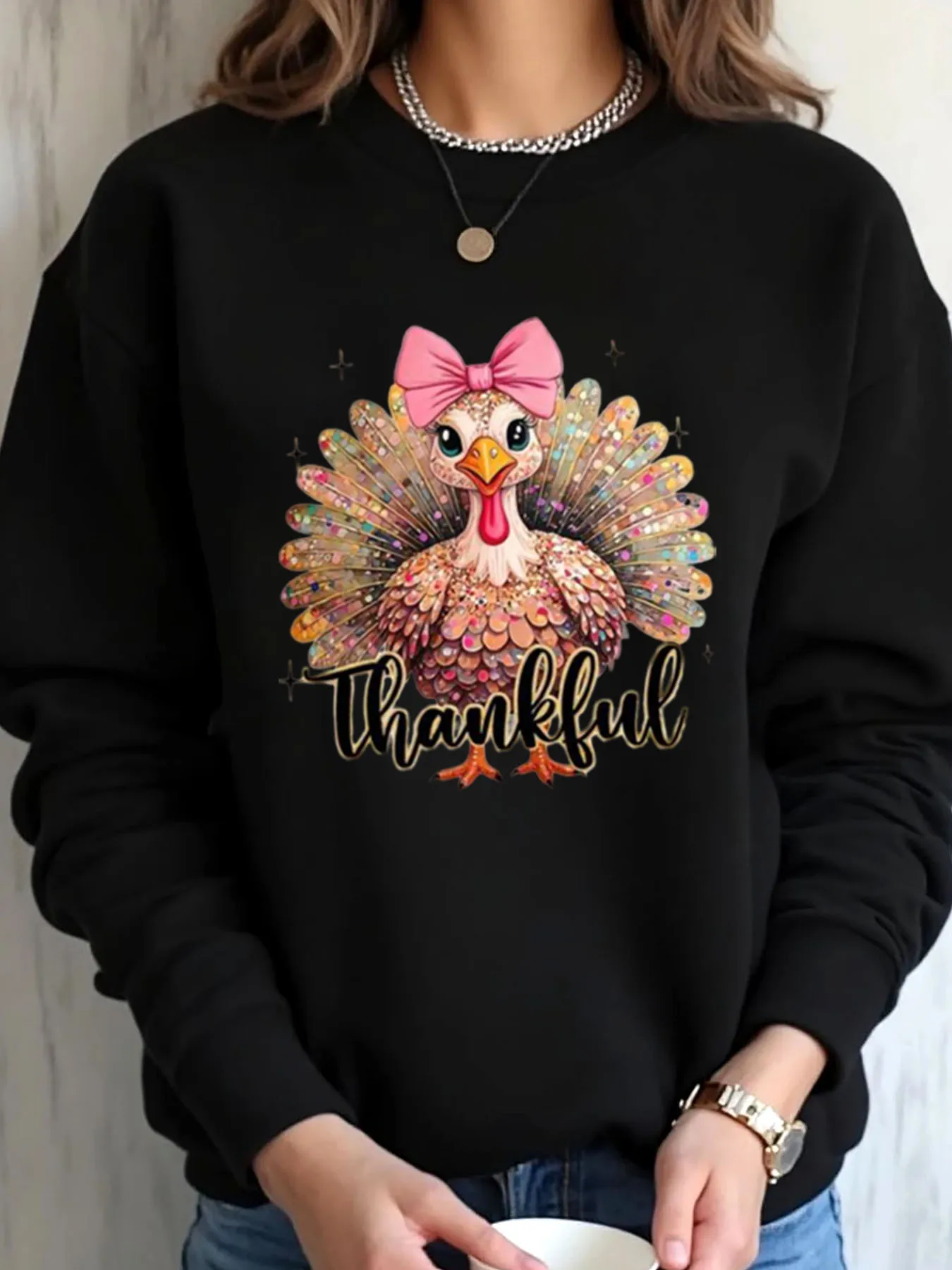 سويت شيرت نسائي مقاس كبير لعيد الشكر مع فيونكة وردية ونص شكر ملابس خريفية غير رسمية #1