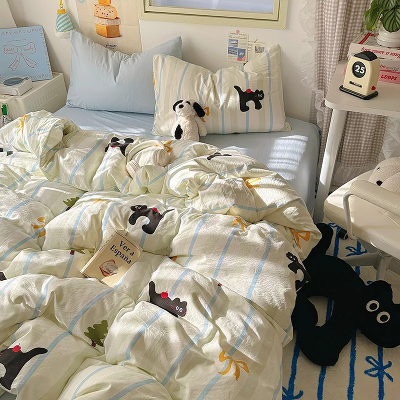 A-class mother-and-baby grade naked sleep pure cotton four-piece set, INS fresh and clean washed cotton cute cartoon cream style