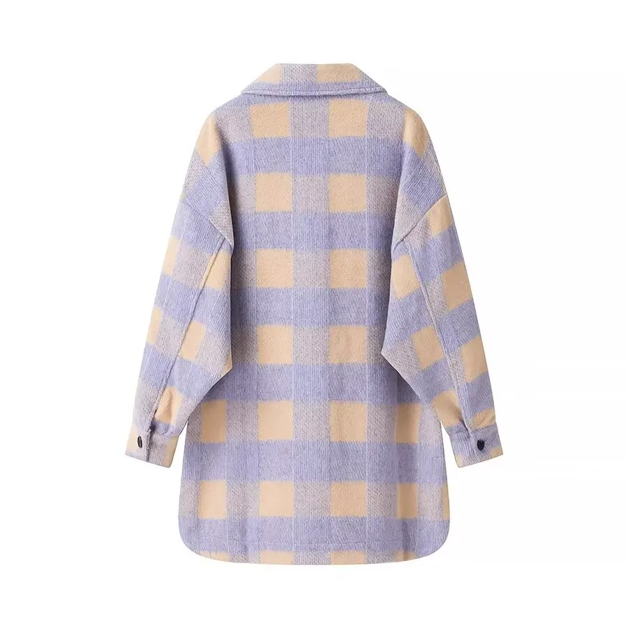 UETEEY Stylish Loose Plaid Woolen Shirt Women Fashion Pockets Turn-down Collar Check Jacket Cute Girls Chic Coat Streetwear