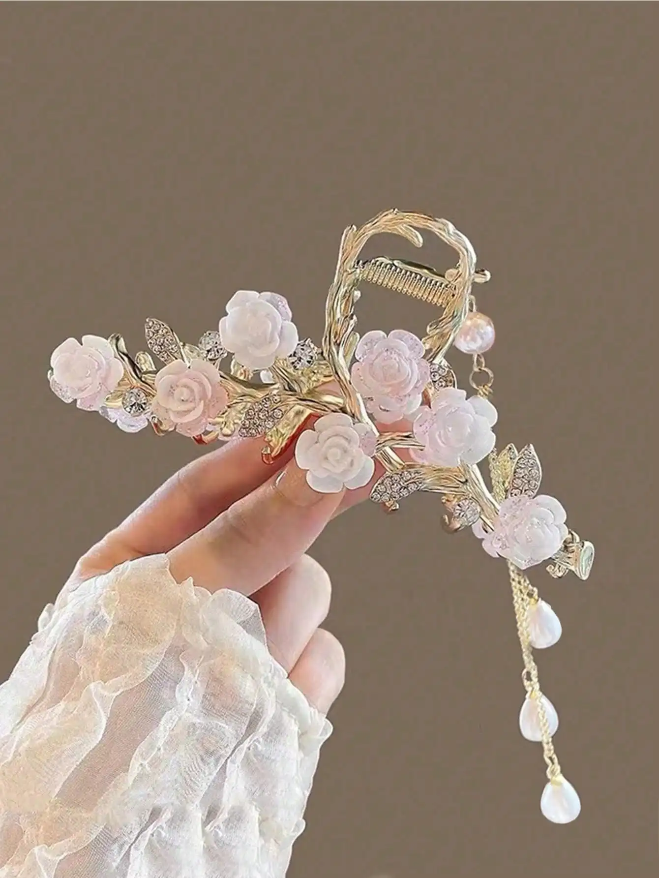 1 Pcs Fashion Plucked Rose Rhinestone Pearl Tassel Hair Claws For Women Girls Party Hair Accessories image 6