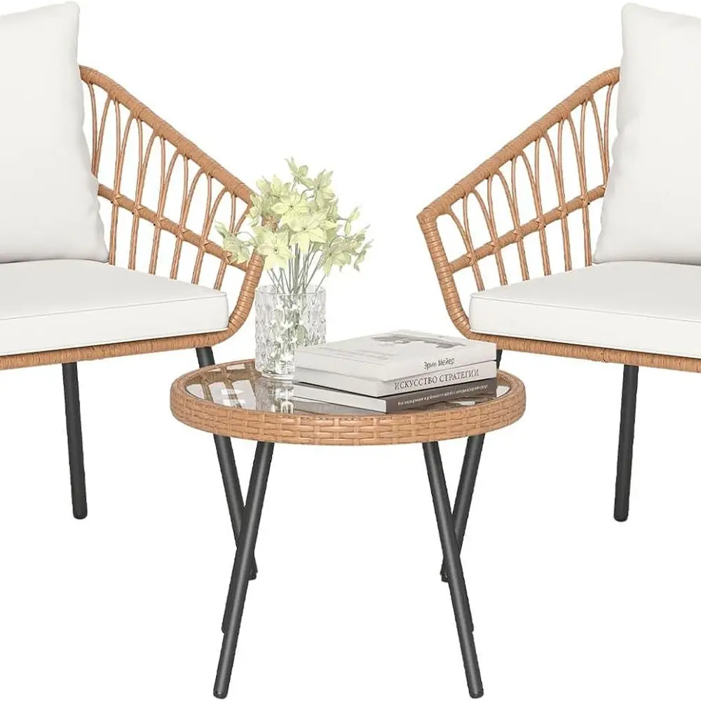 Juego de bistró para patio al aire libre: sillas de ratán PE beige, mesa redonda de cristal, cojines, estructura de metal para balcón, jardín, piscina