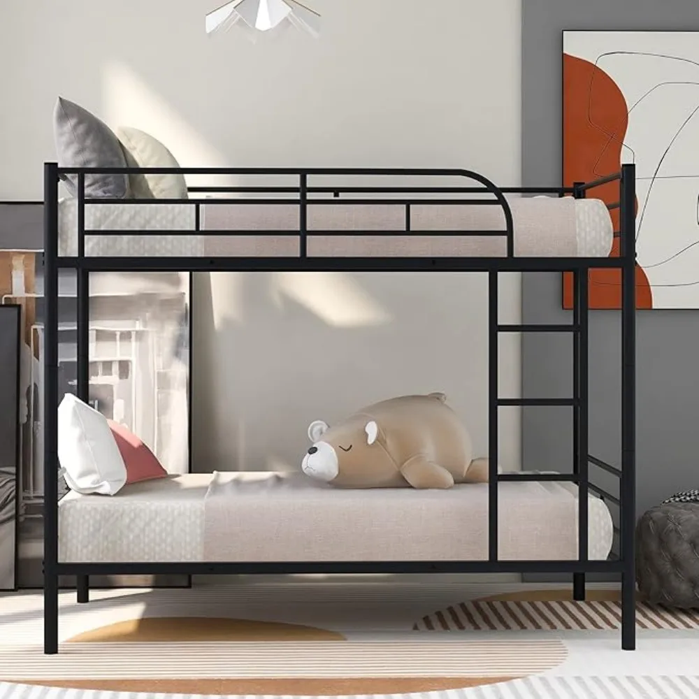 Twin Over Twin Metal Bunk Bed Trundle Frame with 2 Side Ladders Convertible Bunkbed Safety Guard Rails,No Box Spring Needed