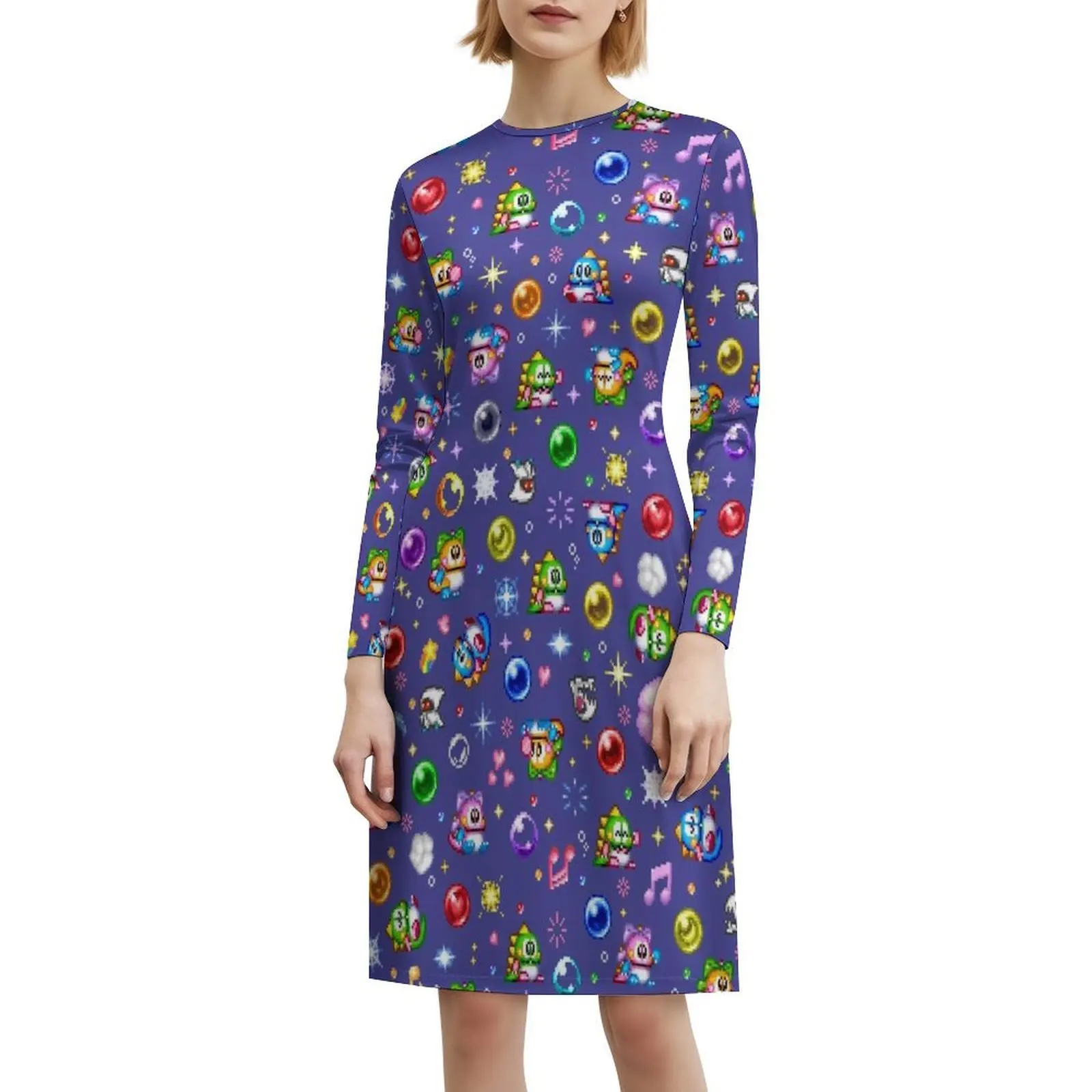 فستان قصير على طراز Preppy باللون الأزرق الفقاعي للنساء على شكل حرف a فضفاض مناسب فستان يوم غير رسمي لغز فقاعة مزركشة فقاعة