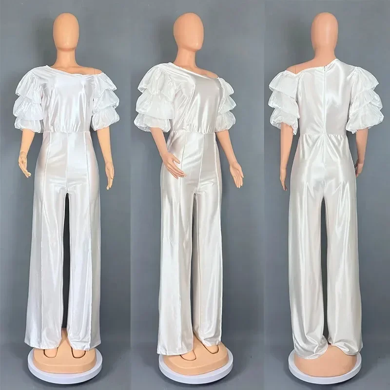 

Dashiki African Clothes for Women Summer Elegant African Short Sleeve Polyester White Black Blue Long Jumpsuit Outfits M-2XL