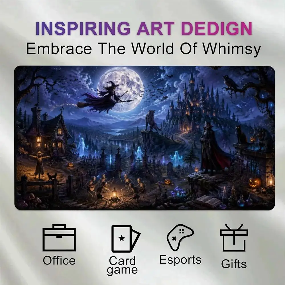 Halloween Fantasy Witch Vampire Ghost Playmat, Non-Slip Rubber Large Desk Pad, Gaming Mousepad for Trading Card Game & PC Gaming
