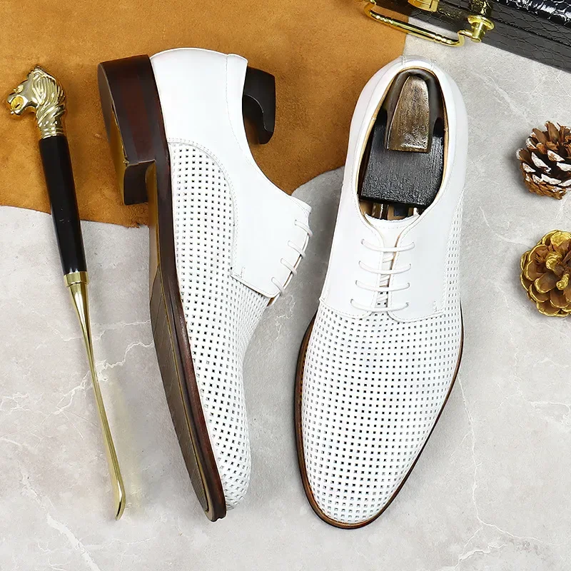 White Hollow Soft Sole Soft Surface Genuine Leather Oxford Shoes New Men's Mesh Breathable Shallow Lace-Up Casual Leather Shoes