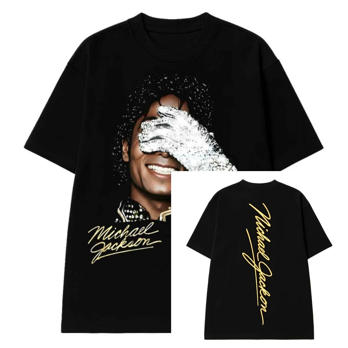 Michael Jackson Portrait & Gold Signature T-Shirt 100% Cotton Graphic Tee Men Women Summer Streetwear Top