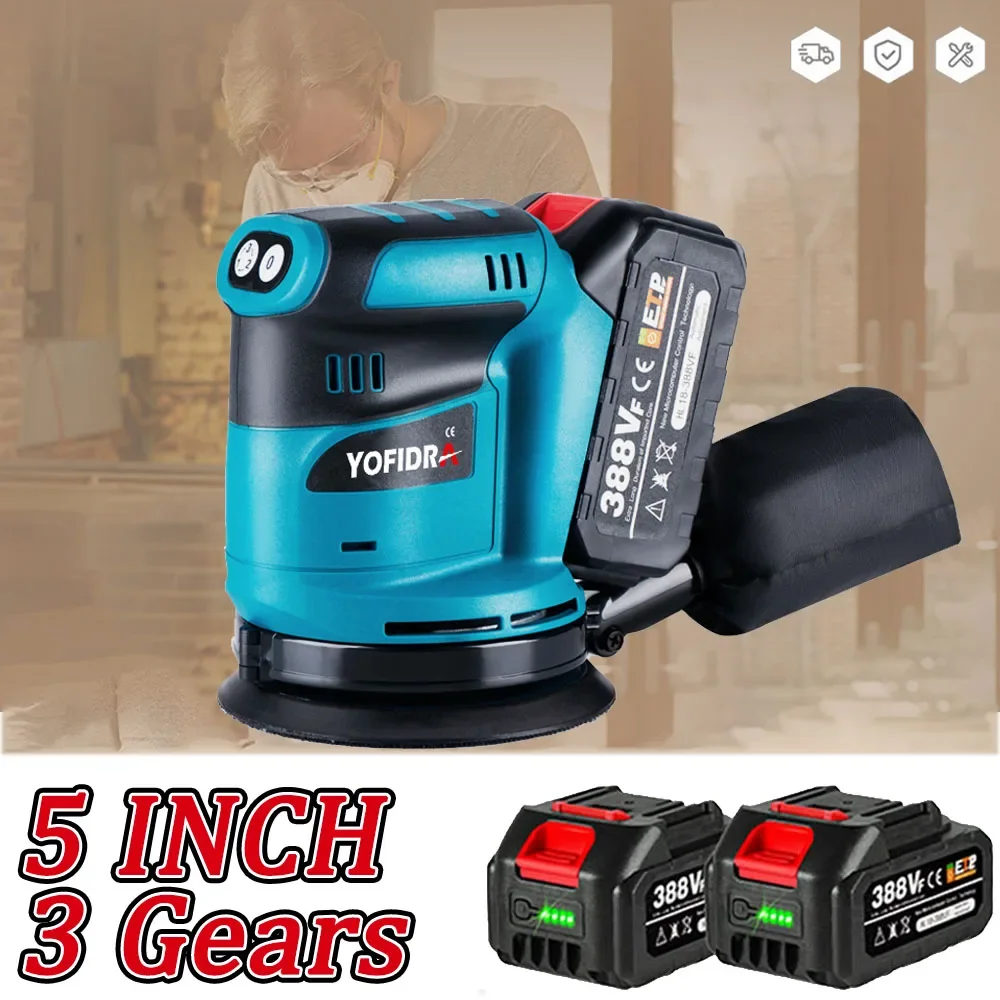 5 Inch Cordless Electric Orbital Sander Wood Grinder 3 Gears Polishing Grinding Machine Power Tools For Makita 18V Battery