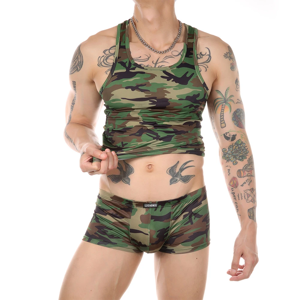 Mens Briefs Camo Print Men\\\'s Underwear Set Includes Vest and Low Waist Trunks in Pouch Style 4 Sizes Available