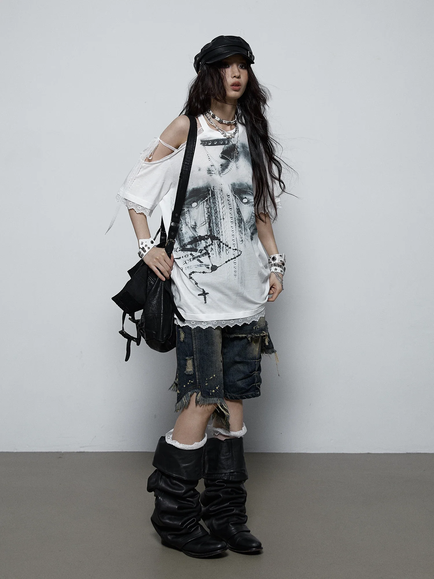 Original Design American Streetwear Printing Lace Patch Short Sleeve Tshirt Off One Shoulder Punk Loose Thin Summer Tshirt Women
