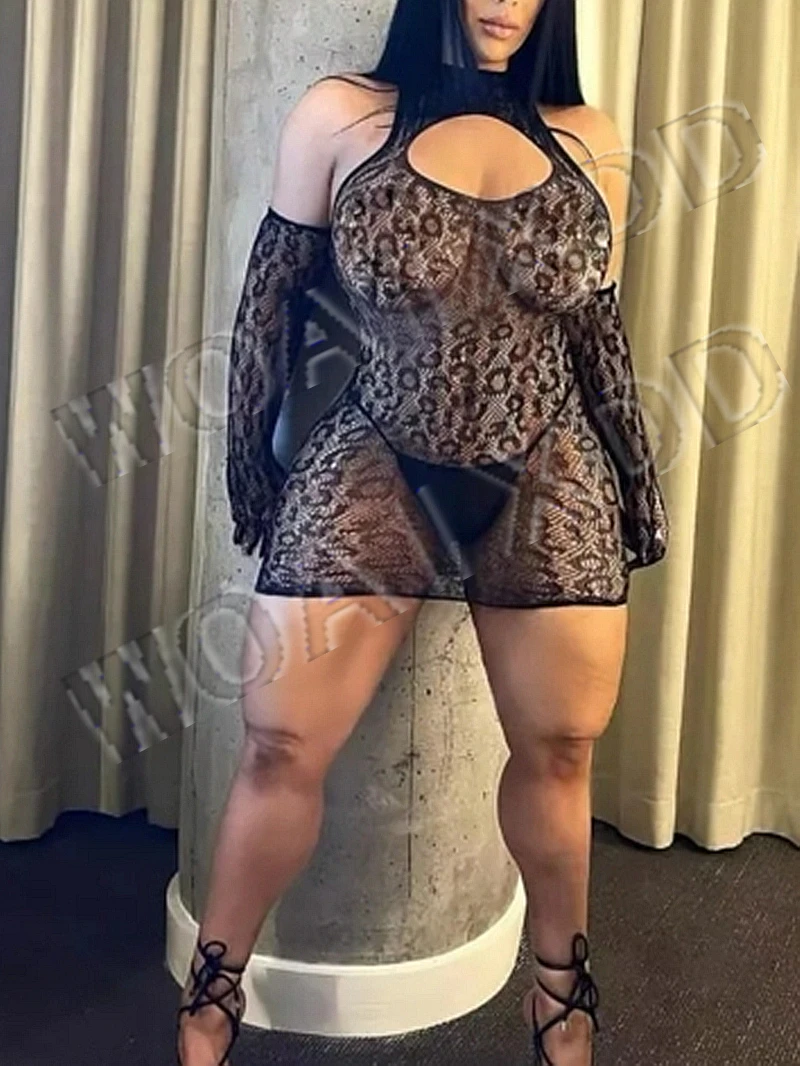 Ropa interior de leopardo para mujer, vestido Sexy de rejilla, lencería de una pieza con guantes, body hueco de malla, vestido de noche para niñas