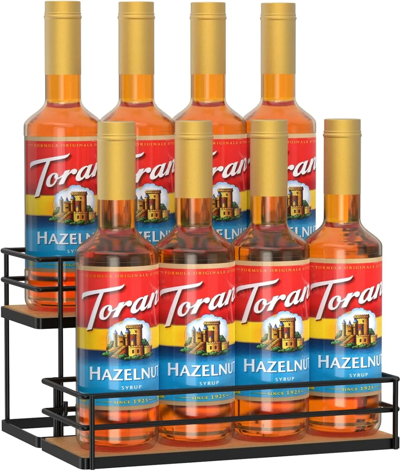

2-Tier Coffee Syrup Rack Organizer for Kitchen and Bar, Holds 8 Bottles, Space-Saving Design