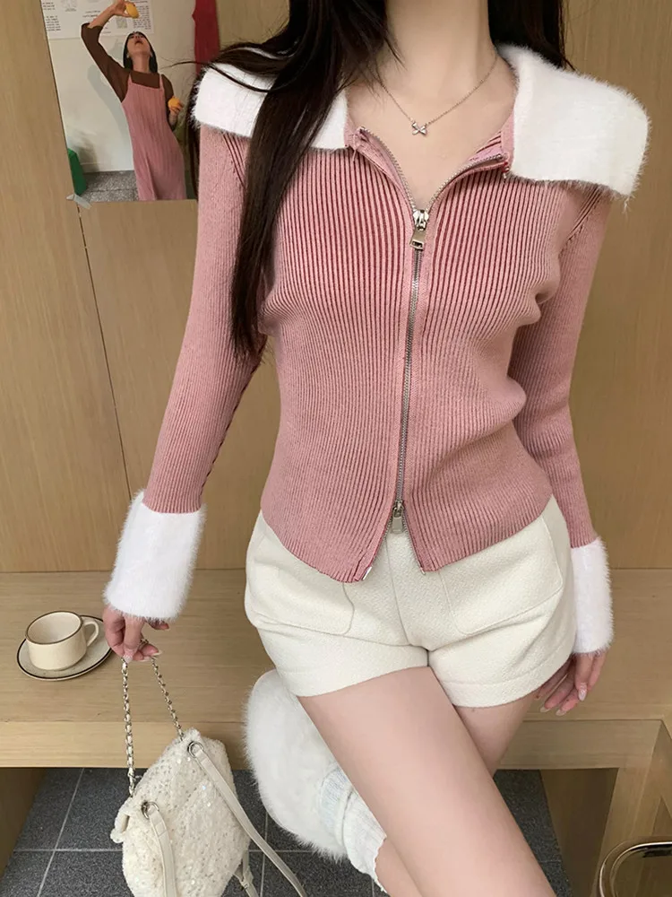 Korean style Spring Autumn Women Brown Cardigan Knitting Sweater Long Sleeve Casual Female Chic Sweater Tops