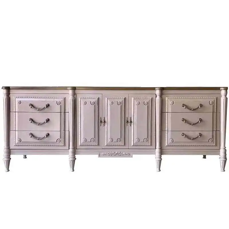 

French retro solid wood TV cabinet living room carved high-foot storage cabinet small apartment American light luxury storage