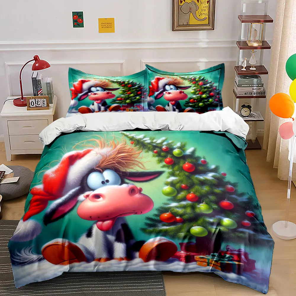 A goofy cow in a Santa hat sits by a decor Christmas tree Print Duvet Cover Bedding Set Included 1*Duvet Cover 2*Pillowcases
