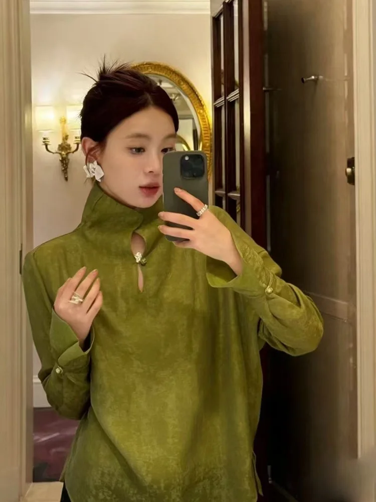 

Элегантная китайская блузка с вышивкой, роскошная, омолаживающая, свободного кроя, с длинными рукавами, воротником-стойкой, женская, модная, универсальная