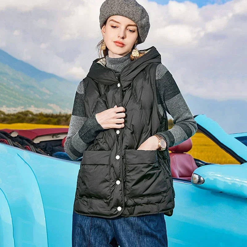 Women's Warm Light Down Jacket, Hooded Vest, Short, Waistcoat, Fashion, New, Autumn, Winter, 2024