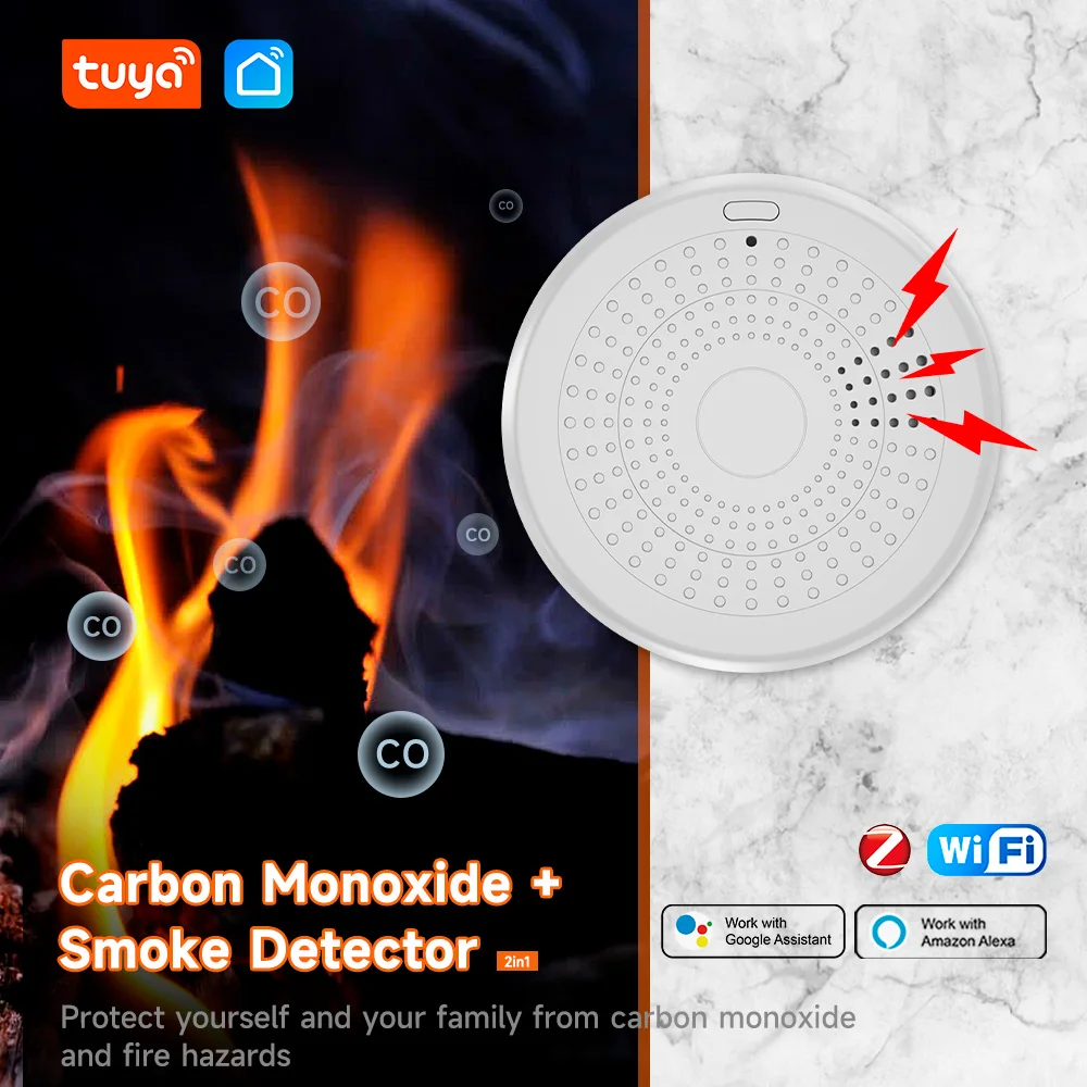 Tuya 2 in1 Wifi Smoke & CO Sensor rilevatore di monossido di carbonio allarme 85dB sirena suono indipendente CO rilevatore di allarme di avvertimento