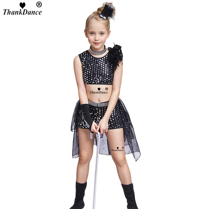 

Уличная одежда для девочек, уникальные танцевальные костюмы для подиума с блестками K-pop, черные джазовые сценические костюмы для детей в стиле хип-хоп