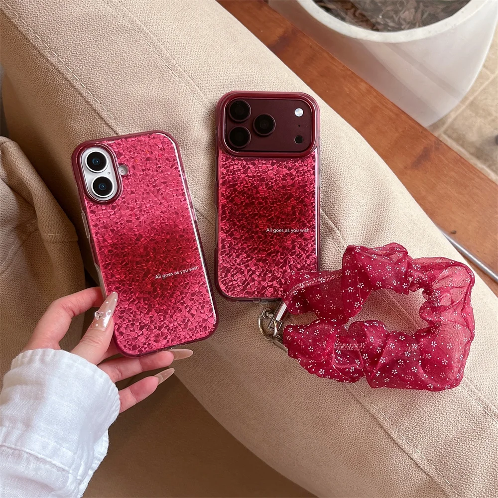 Korea Cute Cartoon Red Love Phone Case for iPhone 18 17 Pro 16 Max 15 16 17 18 Pro Max Shockproof Cases with Wristband Cover
