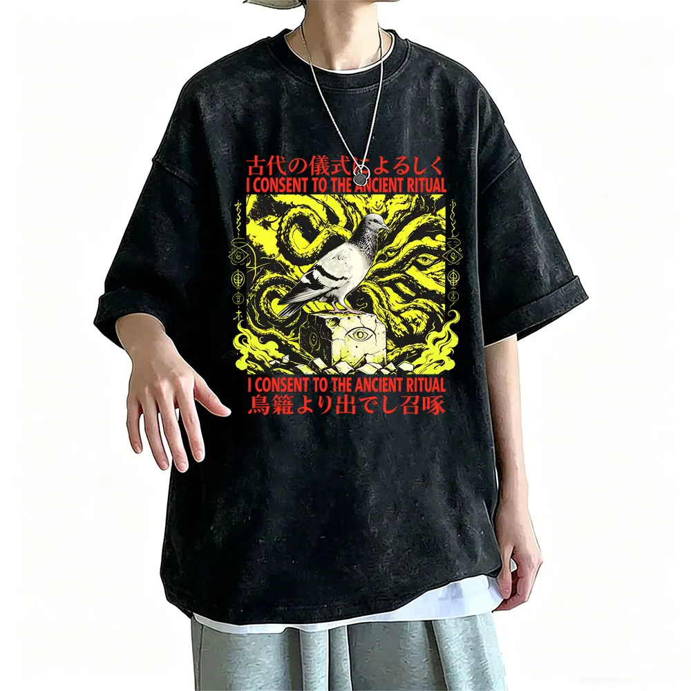 Washed Vintage I Consent To The Ancient Ritual Funny Pigeon Graphic Print T Shirt Men Women Casual Oversized Short Sleeve Tshirt