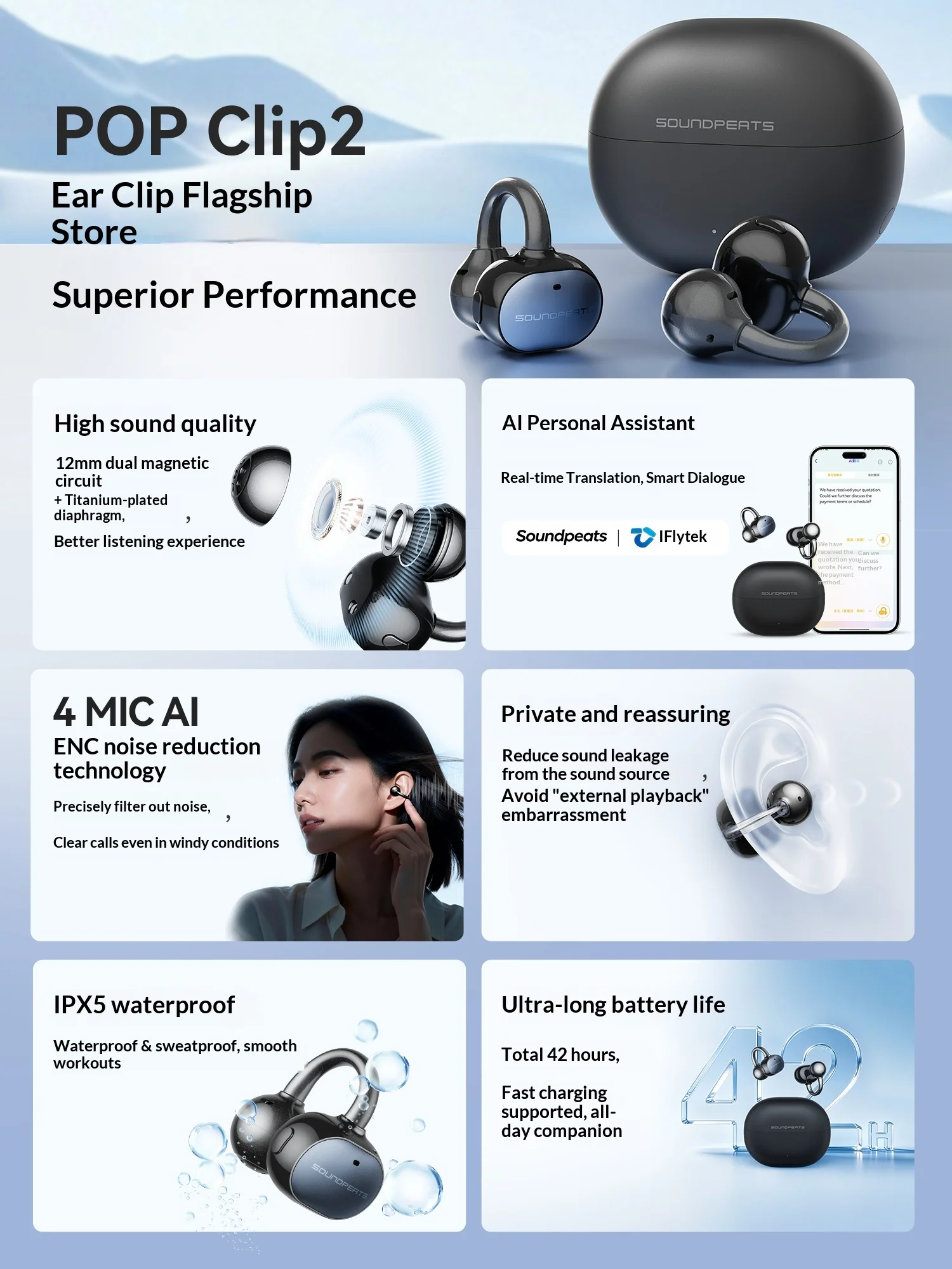 SoundPEATS Pop Clip2 Bluetooth Earphones Clip-on AI Outdoor/Sports