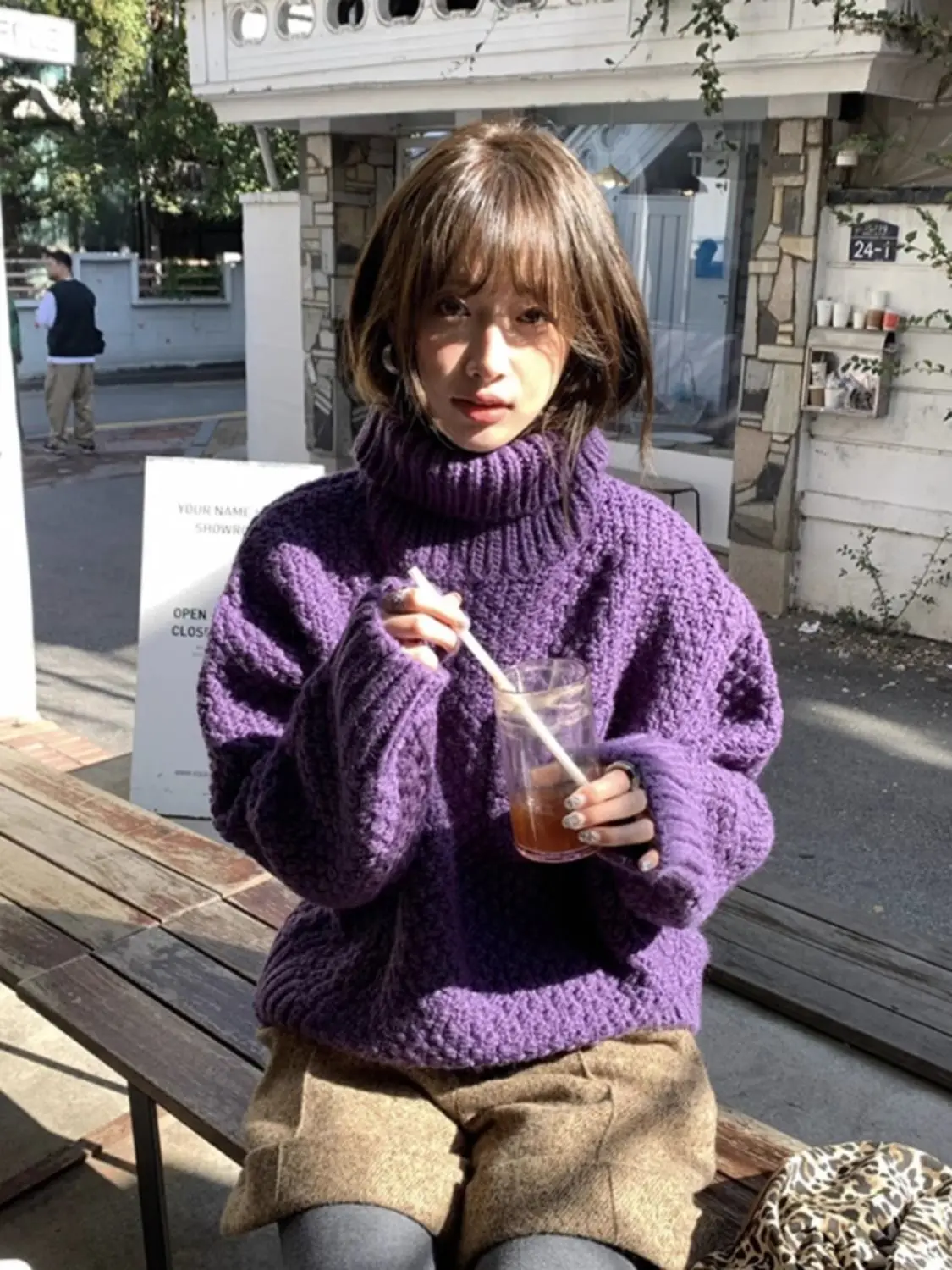 

Женский виноградно-фиолетовый свитер с высоким воротником, осень-зима, утолщенный свободный вязаный топ с напуском, верхняя одежда