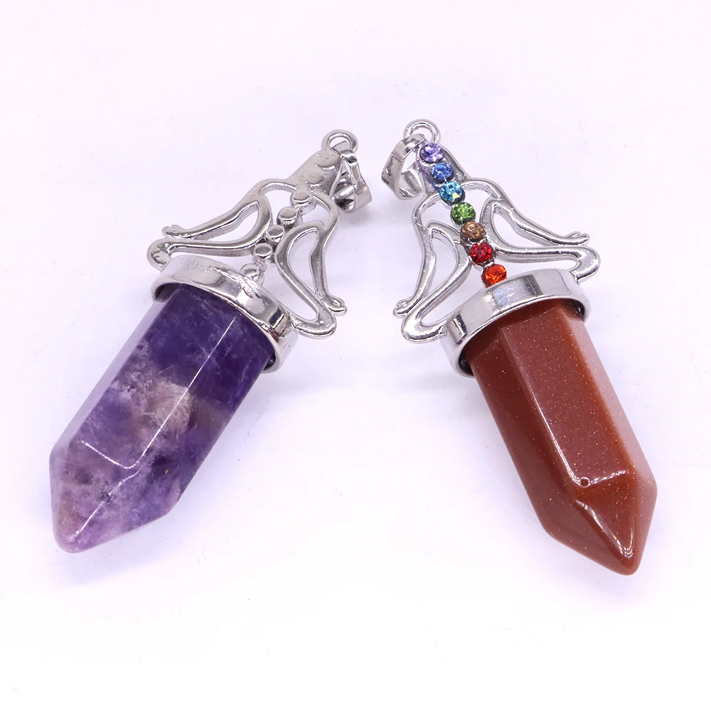 Bullet Head Shape Stone Pendants 7 Color Diamond Chakras Crystal Hexagonal Pendulum Charms for Jewelry Making Necklace Earrings