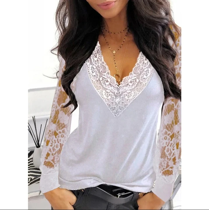 Women\'s Sexy Fashion Lace Stitching Hollow Shirt 2023 Spring and Autumn White Black Deep V-Neck Long Sleeve Ladies T-Shirt