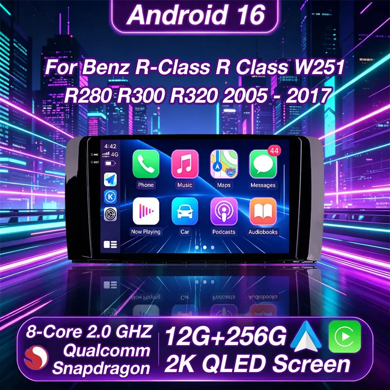 Android 16 QLED Car Radio Carplay Multimedia GPS Player BT For Mercedes Benz R Class R300 R350 R280 R320 R500 W251 2007 - 2011