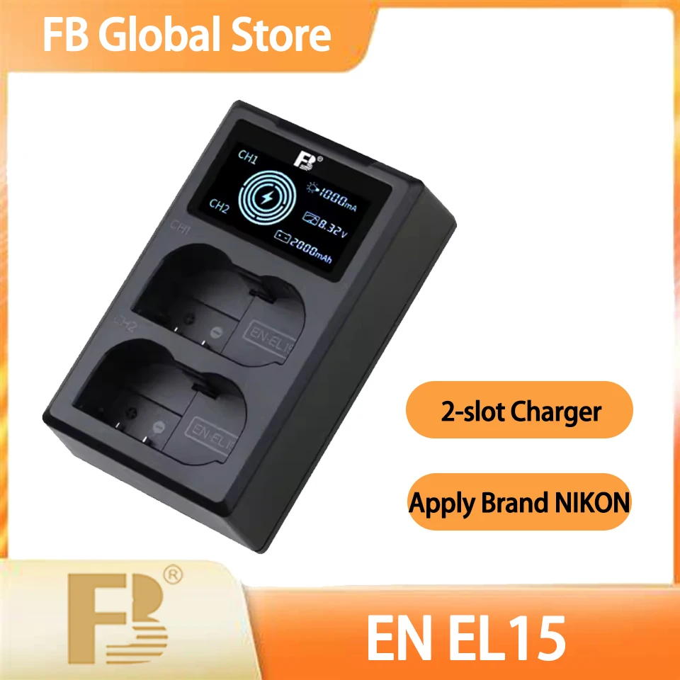 

FB EN-EL15 Dual Slot LCD Dual Input USB and Type-C Camera Battery Charger for Nikon D800 D600 D7000 D7100 D850